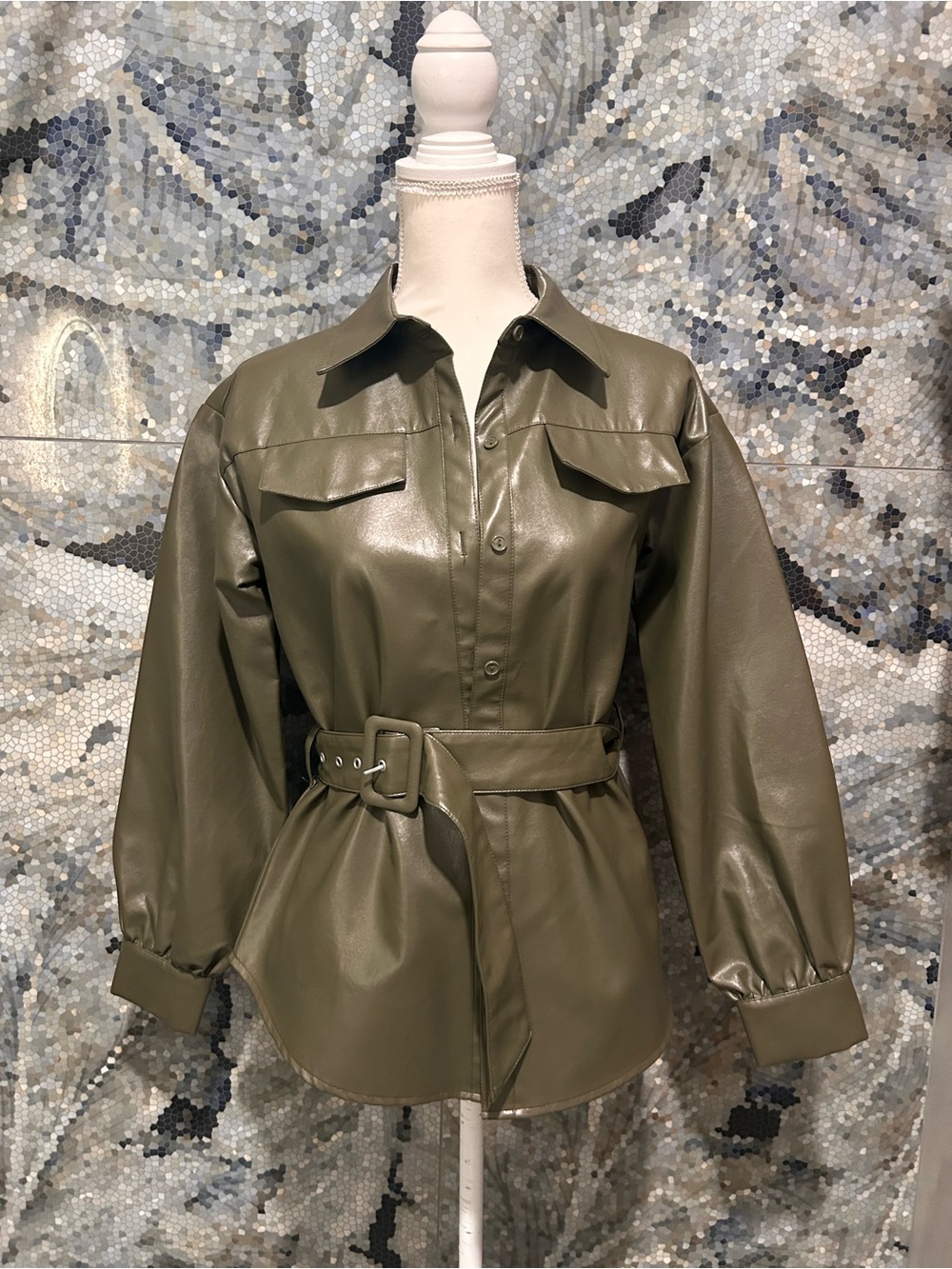 Olive Faux Leather Belted Shirt Jacket - Women's Jacket & Coat